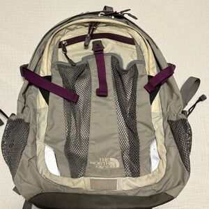 The North Face Backpack, Grey, Cream, and Purple